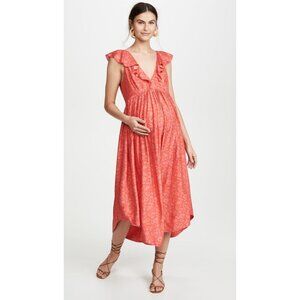 Hatch Women's Briana Maternity Dress 0/XS Midi Coral Floral Pregnancy Flowy